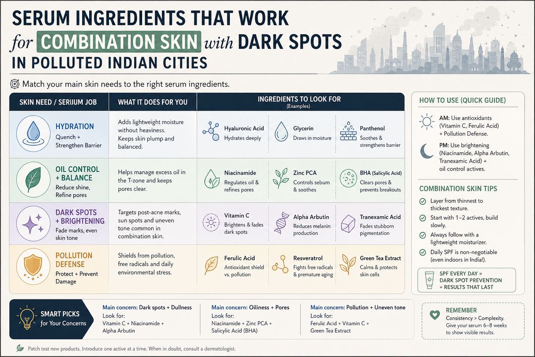 Infographic mapping common serum jobs to ingredient examples for combination skin with dark spots in polluted Indian cities.