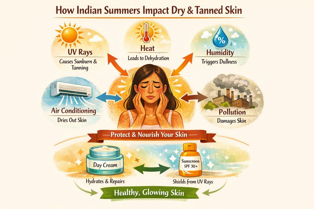 Infographic showing how UV, heat, humidity, AC and pollution affect dry, tanned skin in Indian summers and where day cream and sunscreen fit in a routine.