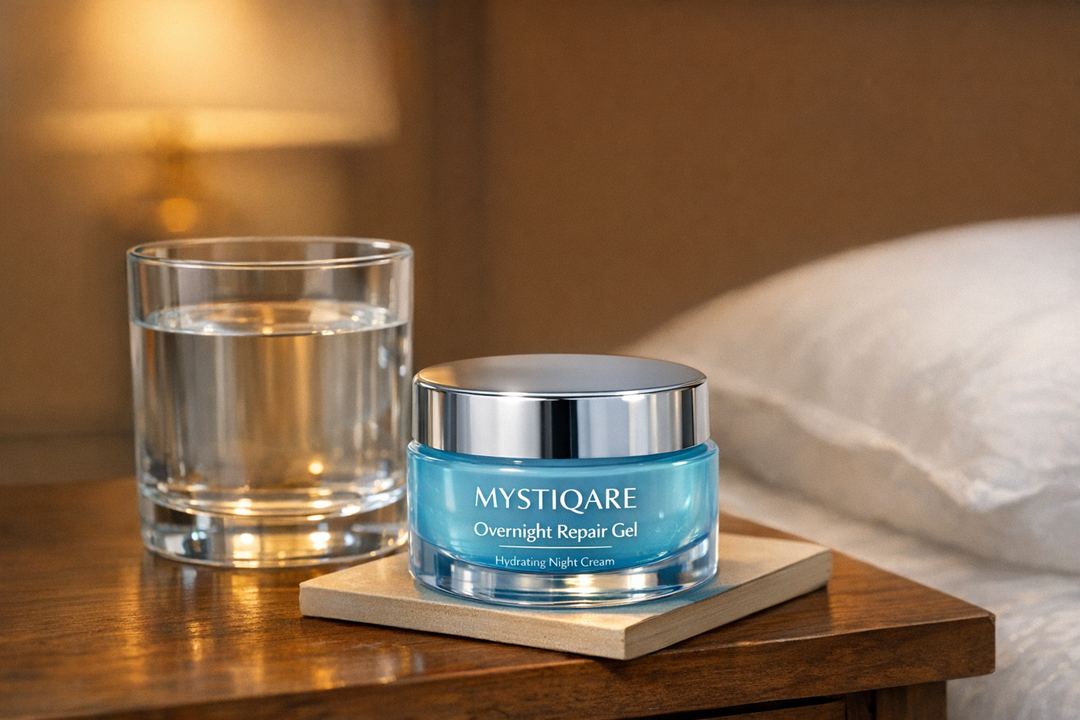 Mystiqare Overnight Repair Gel night cream gel jar placed on a bedside table next to a glass of water.