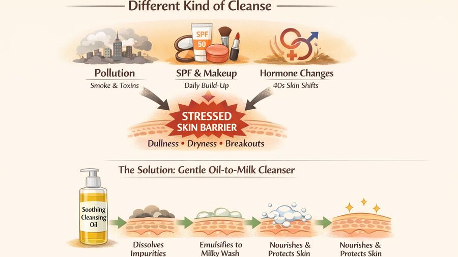 Best soothing cleansing oil & face wash for 40s skin plus dull skin plus combination skin in city pollution