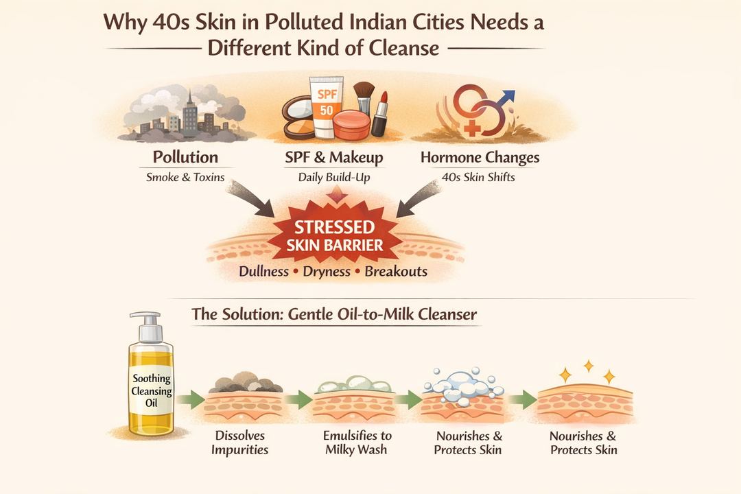 Infographic showing how pollution, sunscreen, makeup and 40s hormone changes together stress the skin barrier and how a gentle oil-to-milk cleanser helps.
