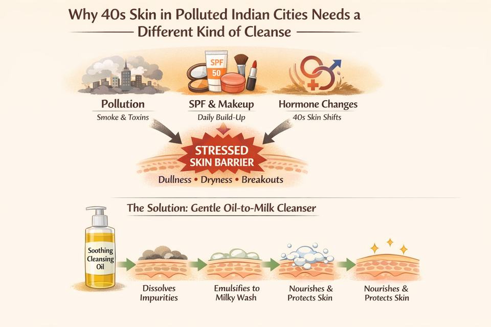 Infographic showing how pollution, sunscreen, makeup and 40s hormone changes together stress the skin barrier and how a gentle oil-to-milk cleanser helps.