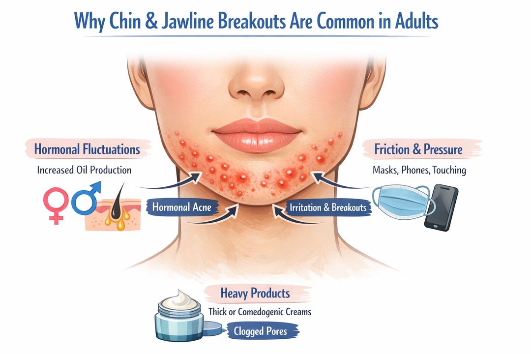 Infographic diagram of the lower face showing how hormones, friction and heavy products cause breakouts along the chin and jawline.