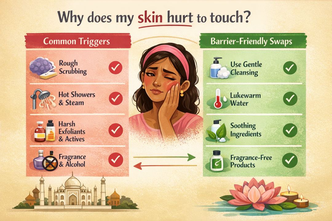 Infographic checklist showing everyday triggers that make facial skin feel sensitive to touch and gentler swaps for each trigger.