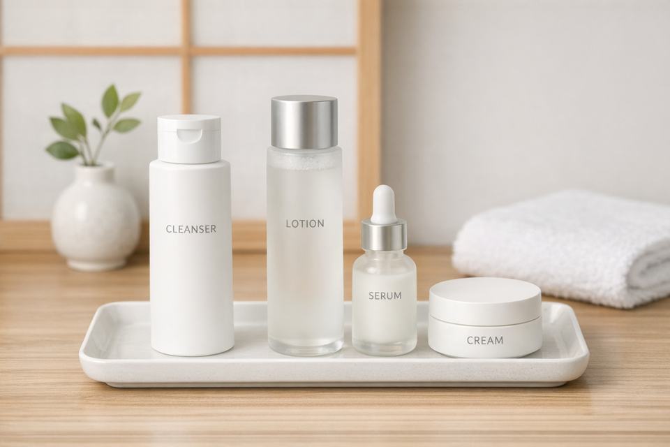 Minimal Japanese-inspired skincare setup with cleanser, lotion, serum and cream on a clean tray.