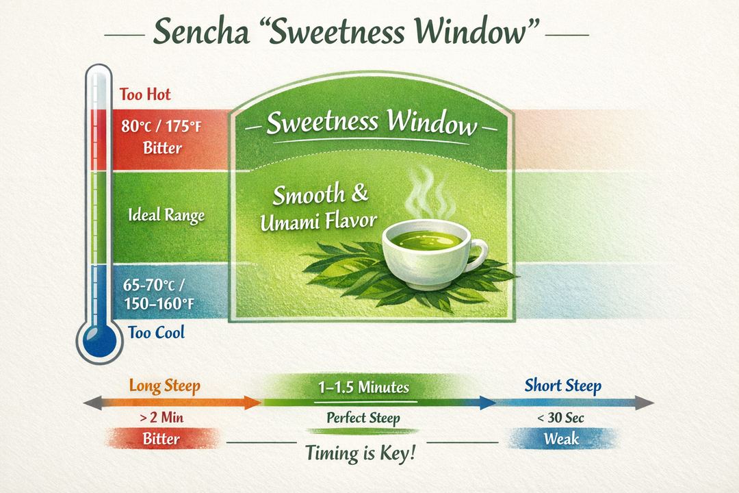 Infographic showing sencha brewing sweetness window with temperature and time ranges to avoid bitterness.