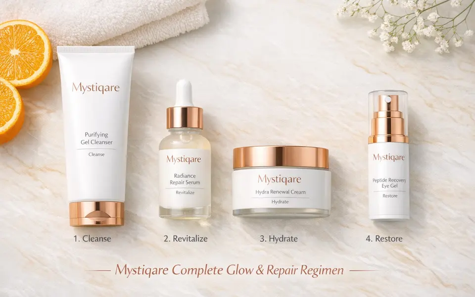 Mystiqare Complete Glow & Repair Regimen four-step skincare kit arranged in order of use
