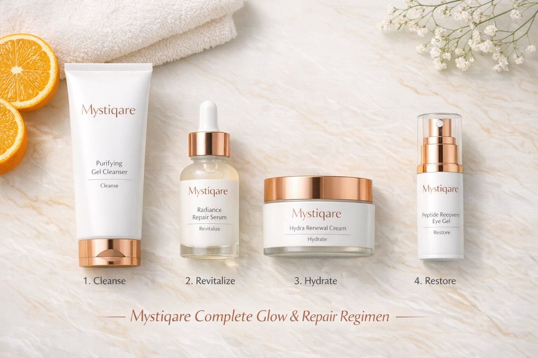 Mystiqare Complete Glow & Repair Regimen four-step skincare kit arranged in order of use