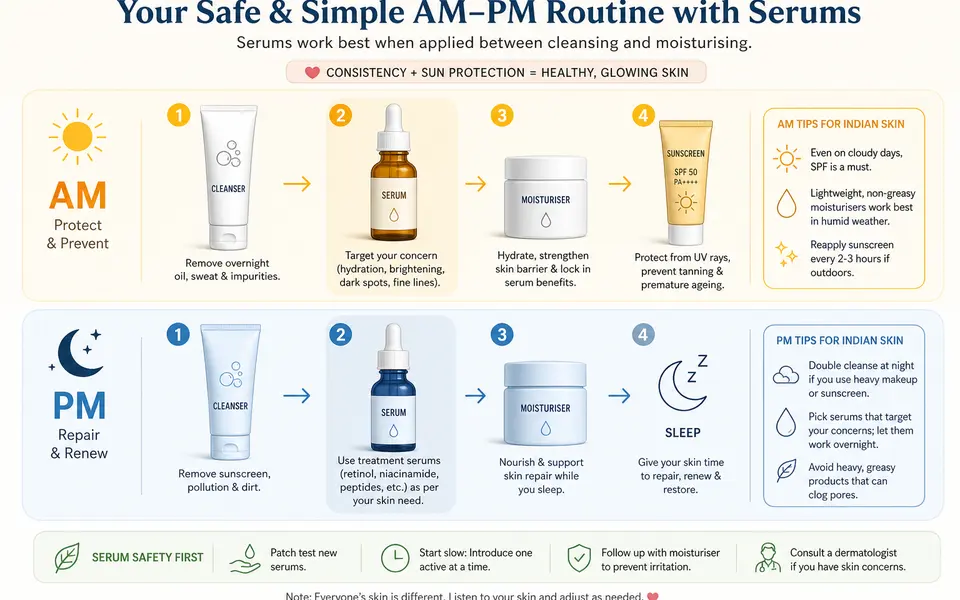 Diagram of a simple AM–PM serum routine for Indian skin showing cleanser, serum, moisturiser, and sunscreen in order.