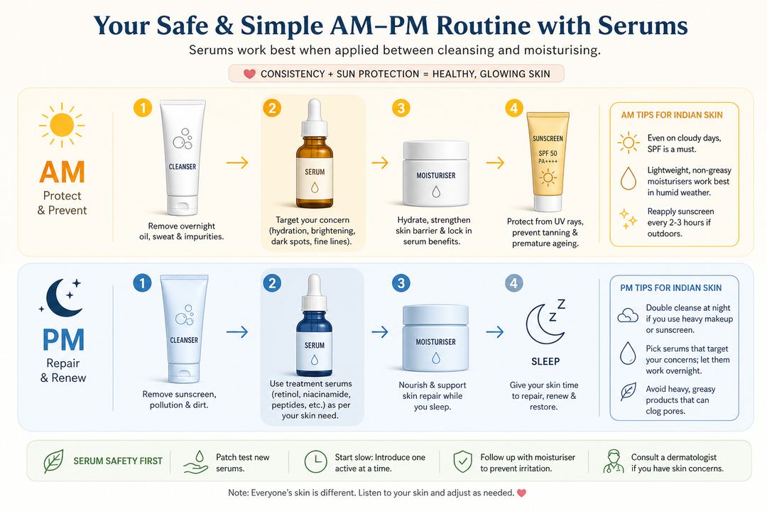 Diagram of a simple AM–PM serum routine for Indian skin showing cleanser, serum, moisturiser, and sunscreen in order.