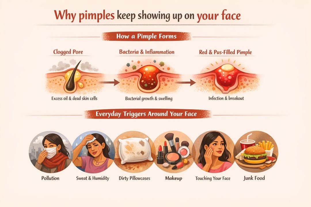 Infographic showing how a clogged pore turns into a pimple and common daily triggers on the face.