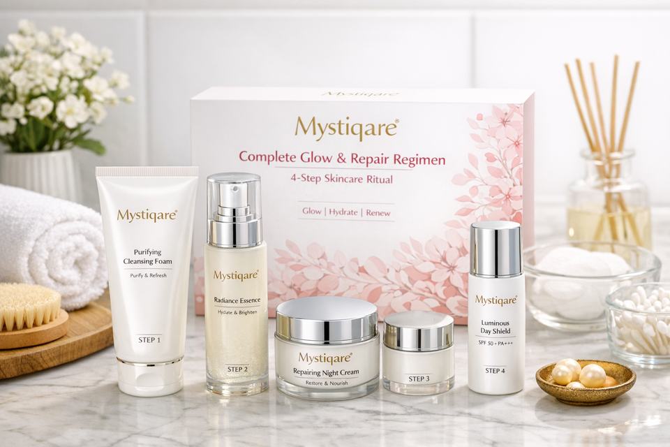 Mystiqare Complete Glow & Repair Regimen four-step skincare kit arranged on a bathroom counter