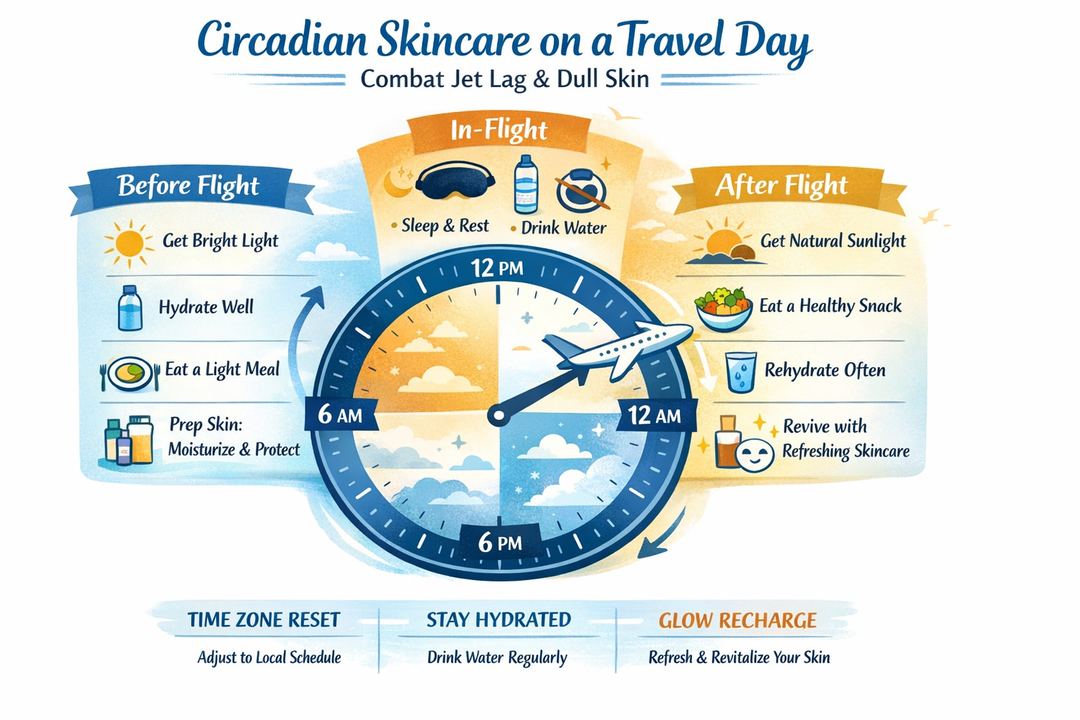 Infographic showing how light, sleep, meals and hydration affect jet lag and skin dullness across a 24‑hour travel day.