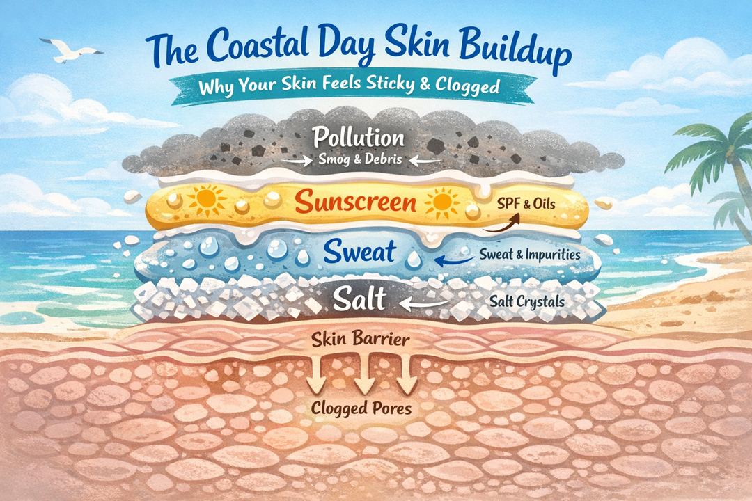 Infographic showing layers of salt, sweat, sunscreen and pollution sitting on the skin after a coastal day.