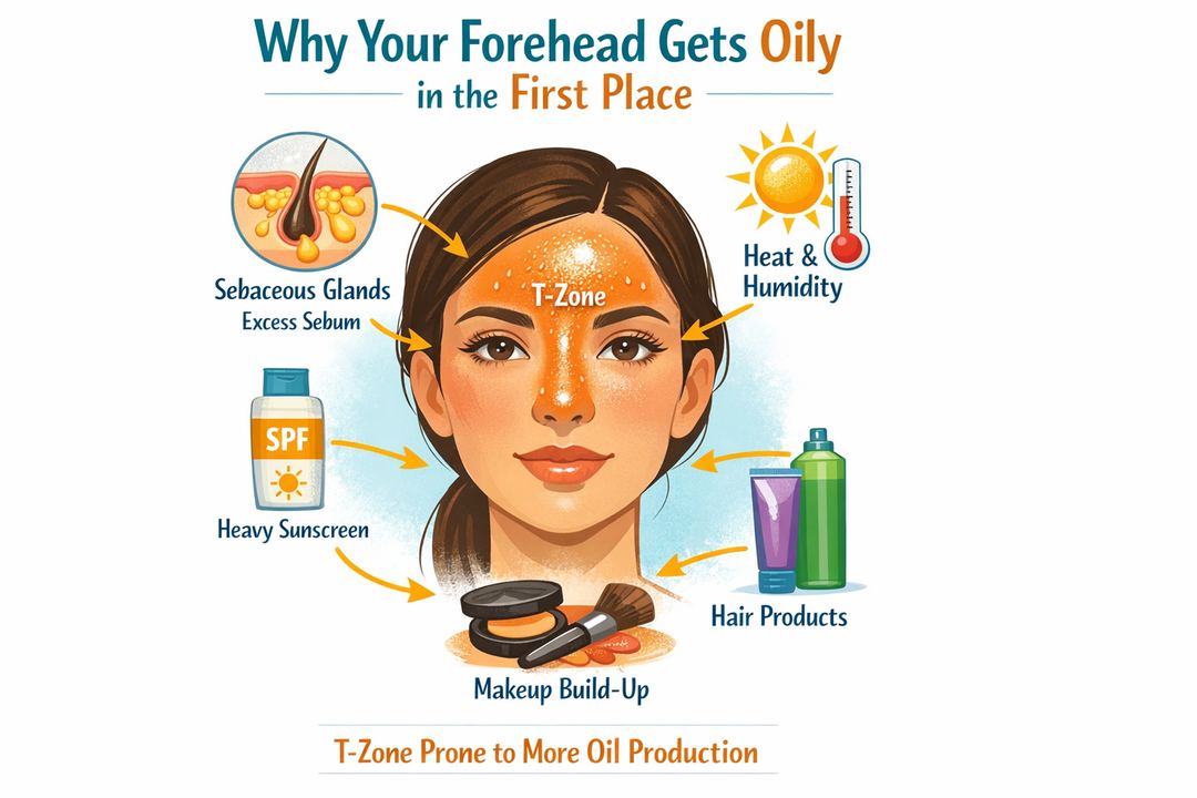 Infographic showing the T-zone of the face with an oily forehead, highlighting sebaceous glands, heat, humidity, SPF, makeup, and hair products as key triggers.