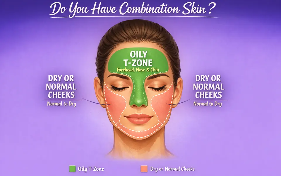 Face zone diagram showing oily T-zone and normal to dry cheeks for combination skin