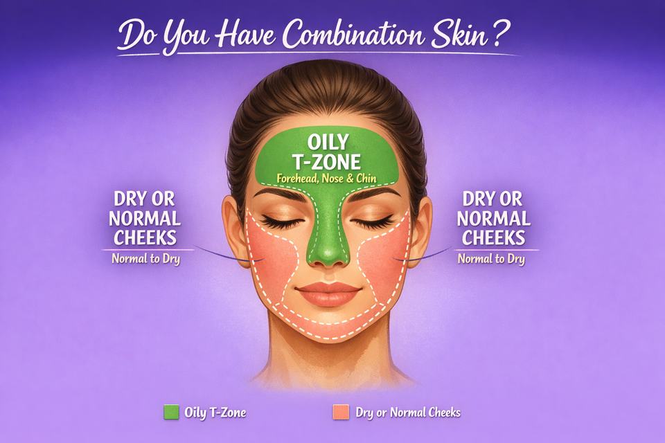 Face zone diagram showing oily T-zone and normal to dry cheeks for combination skin