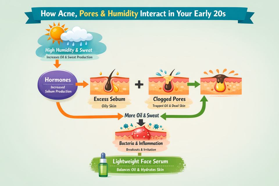 Infographic explaining how humidity, oil production and pores interact on acne-prone Indian skin in your early 20s.