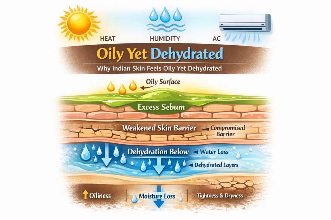 Infographic explaining oily-but-dehydrated skin in Indian weather: sebum on top, water loss below, and a weakened skin barrier.