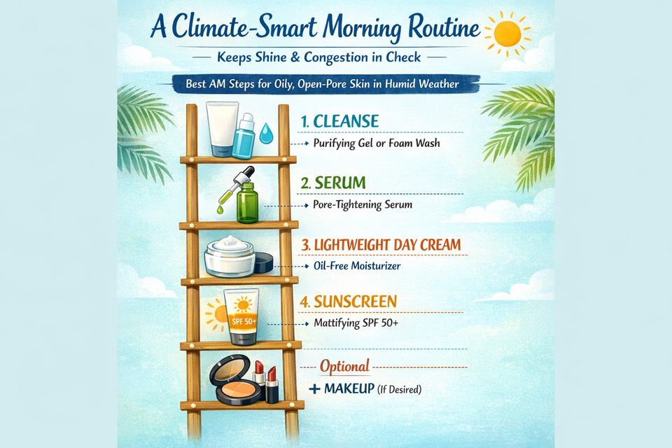 Infographic showing a simple 4-step morning skincare routine for oily, open-pore skin in humid Indian weather.