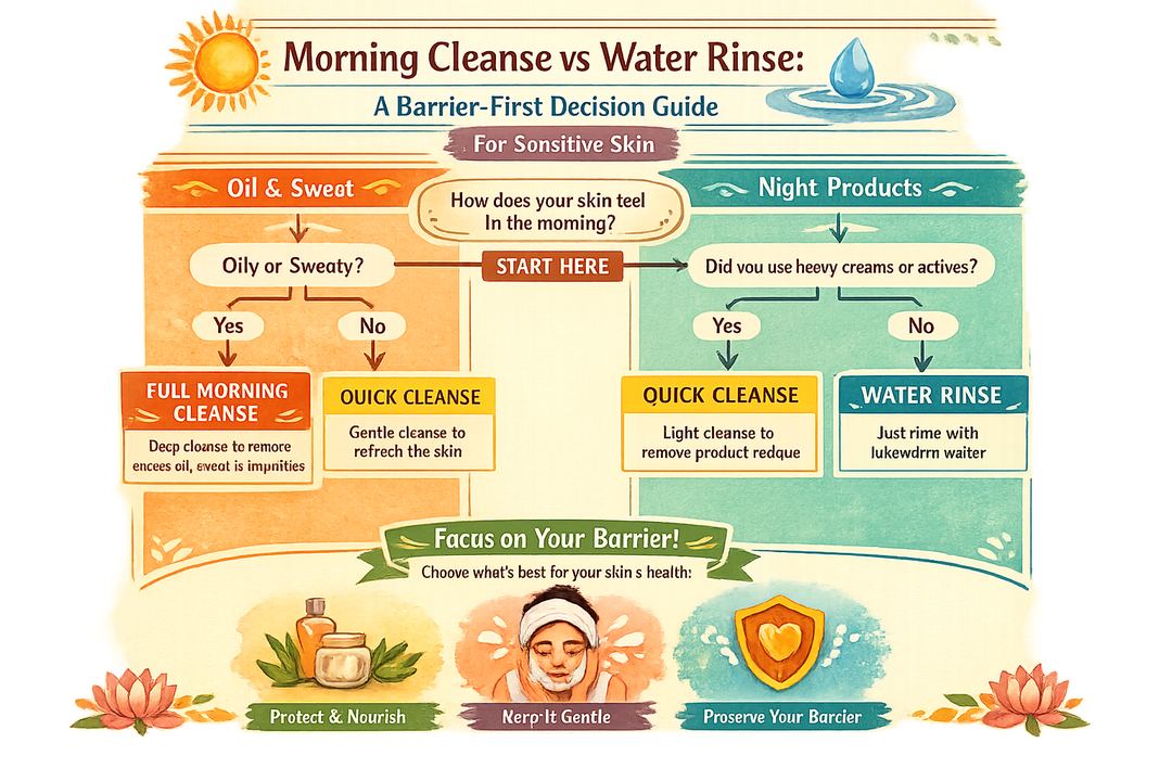 Infographic decision tree guiding sensitive-skin users to choose between full morning cleanse, quick cleanse, or water rinse based on oil, sweat, and products used overnight.