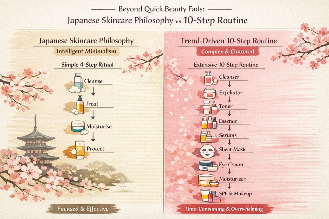 Infographic comparing Japanese intelligent minimalism skincare routine with trend-driven 10-step routines
