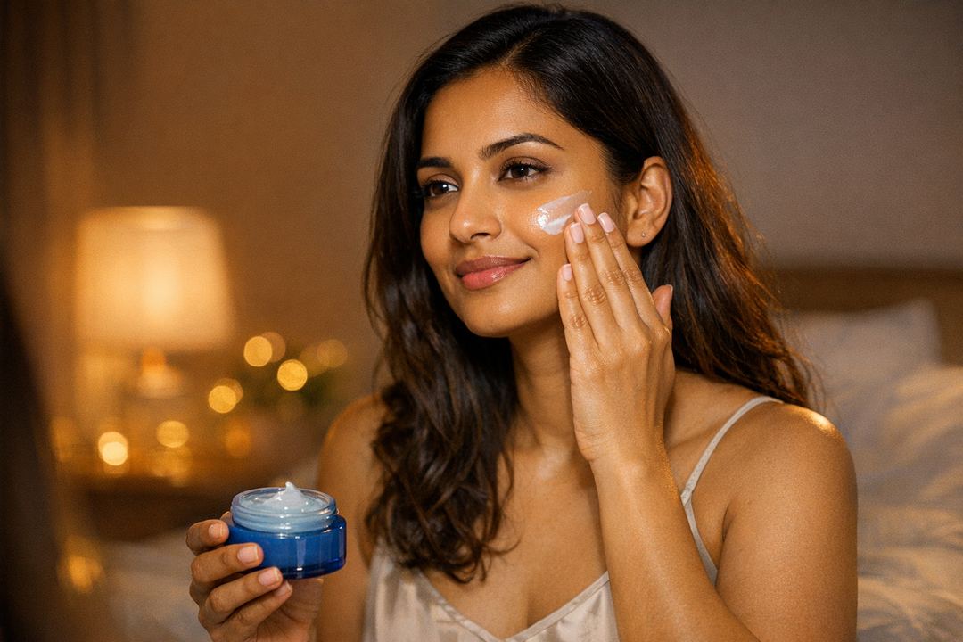 Indian woman applying gel-based night cream before bed with soft bedroom lighting.