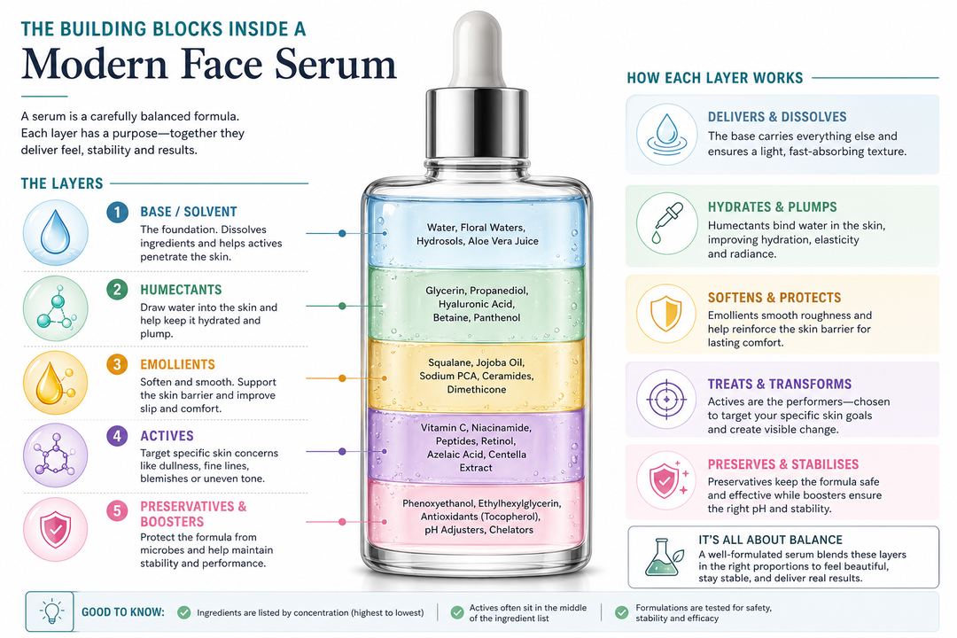 Diagram showing the layers of ingredients that make up a face serum, from base and humectants to actives and preservatives.