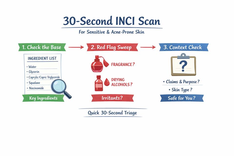 Infographic diagram showing a 30‑second INCI scan: top 5–7 ingredients as base, red‑flag sweep for fragrance and drying alcohols, and quick context check.