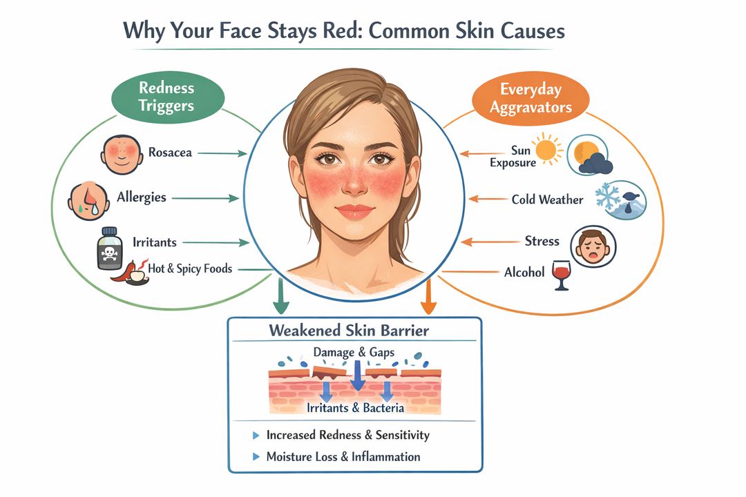 Infographic showing common causes of a persistently red face and how a weakened skin barrier contributes to redness and sensitivity.