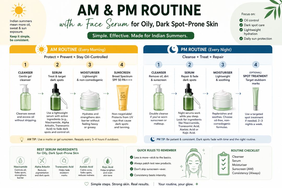 Infographic of a short AM and PM skincare routine for oily, dark-spot-prone skin in Indian summers, showing cleanser, serum, moisturiser and sunscreen steps.
