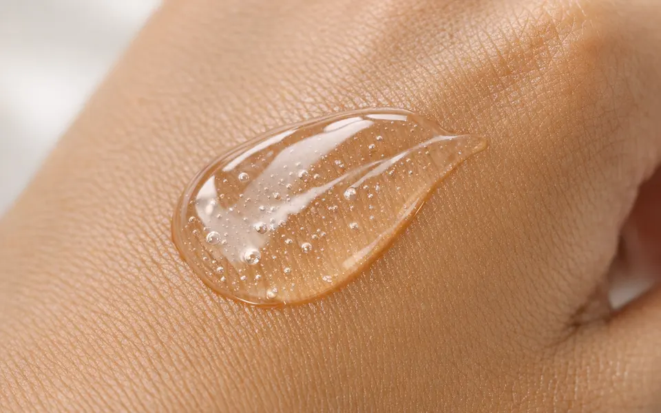 Close-up of a clear, gel-like face serum texture on a hand