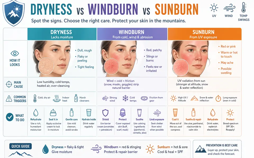 Diagram comparing signs of dryness, windburn and sunburn on the face with suggested responses