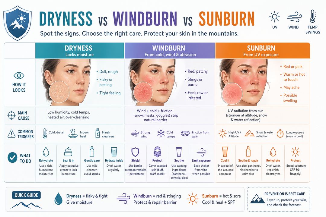 Diagram comparing signs of dryness, windburn and sunburn on the face with suggested responses