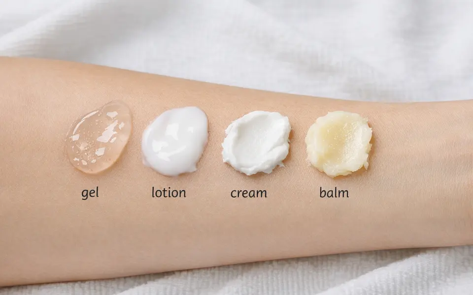 Different moisturizer textures (gel, lotion, cream, balm) swatched on a forearm.