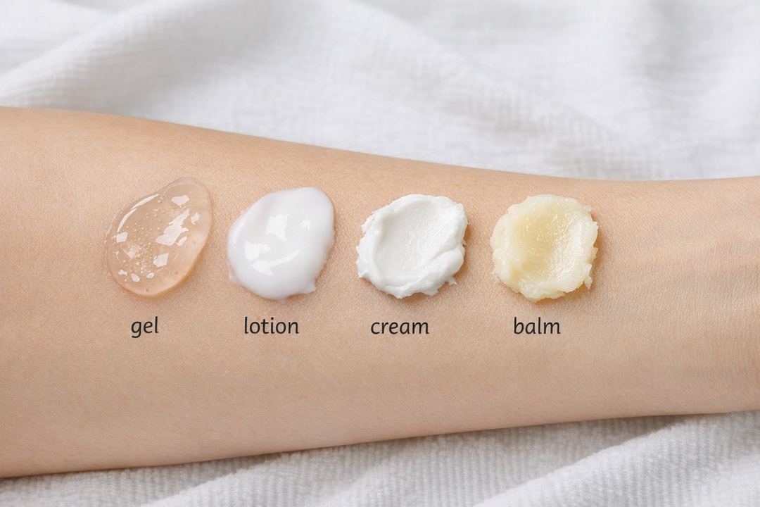 Different moisturizer textures (gel, lotion, cream, balm) swatched on a forearm.