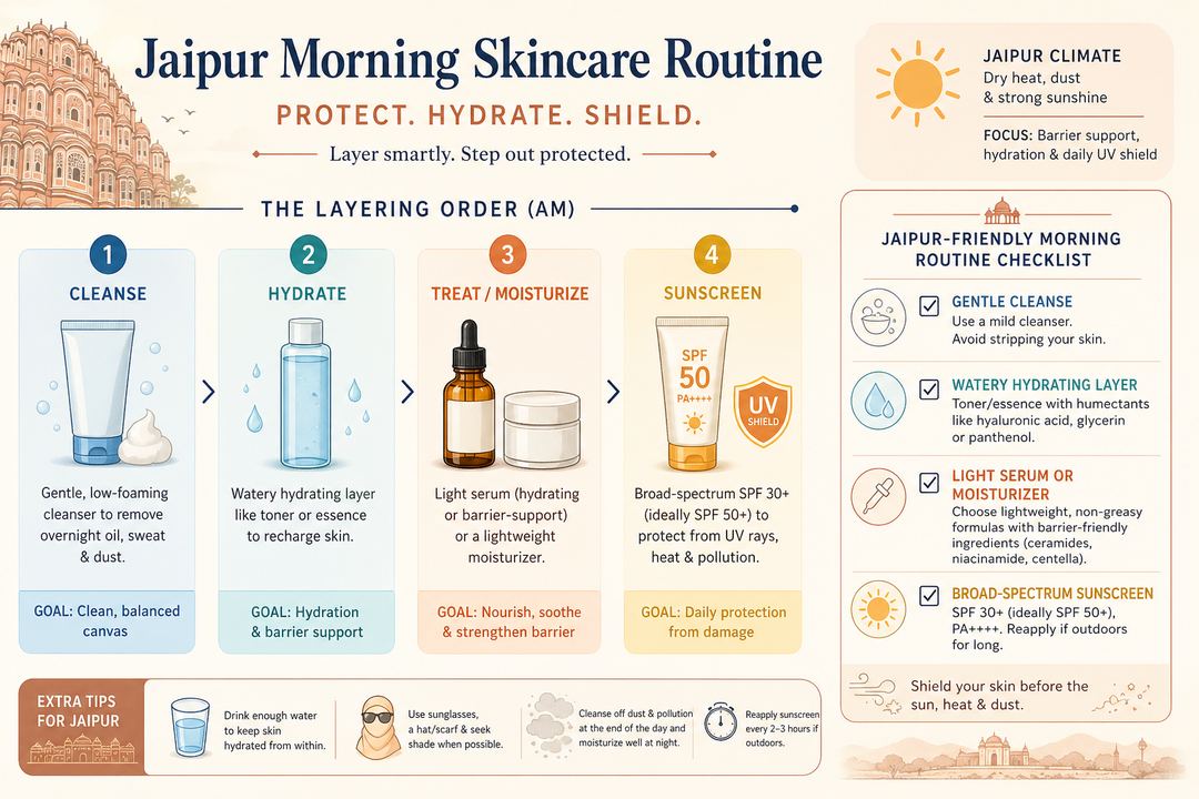 Infographic of a simple Jaipur morning skincare routine showing cleanse, hydrate, serum or moisturizer, and sunscreen as layered steps.