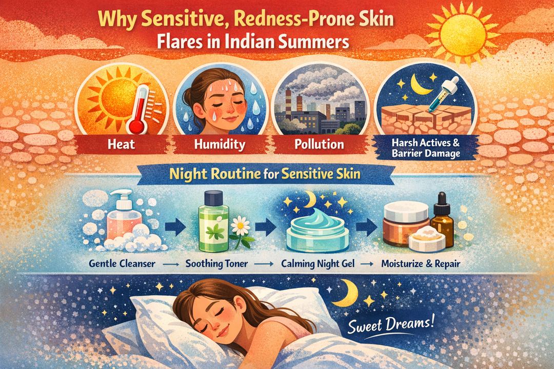 Infographic showing why sensitive, redness-prone skin flares in Indian summersheat, humidity, pollution, actives and barrier damagewith a simple night routine overview.
