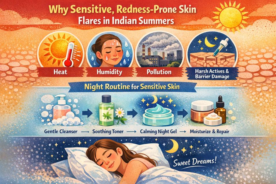Infographic showing why sensitive, redness-prone skin flares in Indian summersheat, humidity, pollution, actives and barrier damagewith a simple night routine overview.