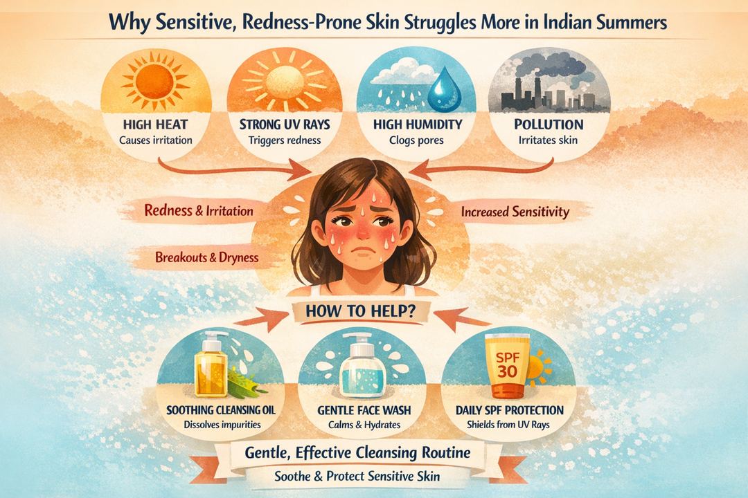 Infographic showing how Indian summer factors like heat, UV, humidity and pollution affect sensitive facial skin and how a gentle cleansing routine can help.