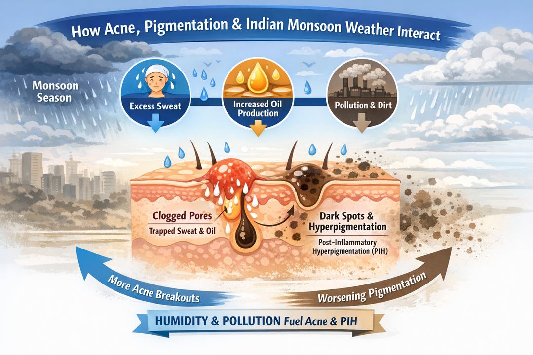 Infographic diagram showing how Indian monsoon humidity, sweat and pollution affect acne-prone skin and pigmentation.