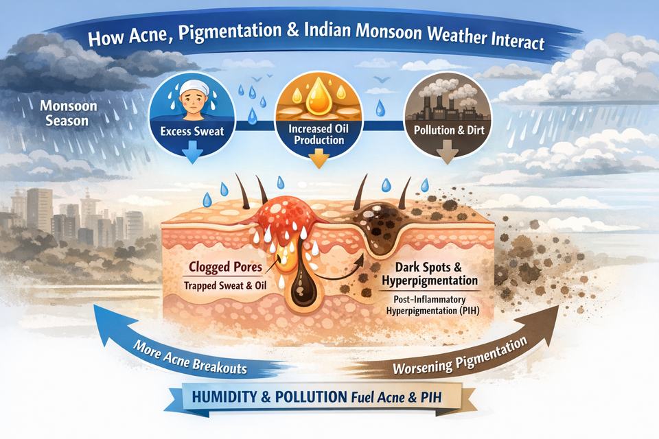 Infographic diagram showing how Indian monsoon humidity, sweat and pollution affect acne-prone skin and pigmentation.