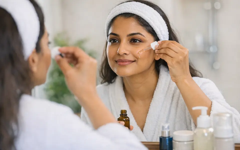 Indian woman in her bathroom applying face serum in front of a mirror as part of a simple routine.