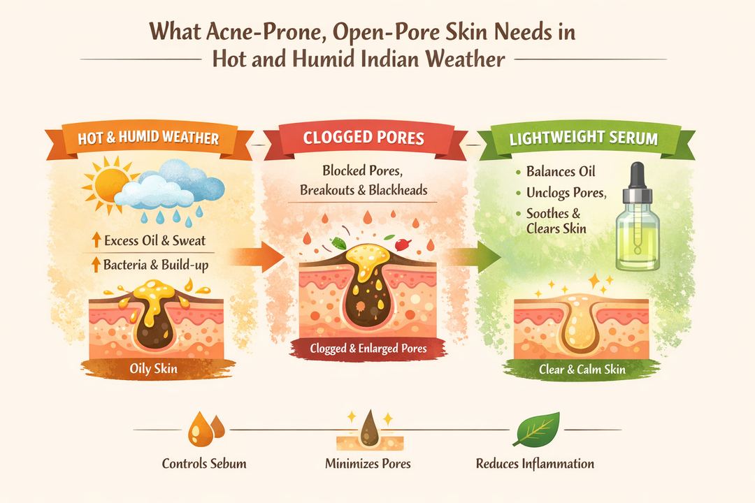 Infographic showing how hot, humid weather increases oil and sweat, clogs pores, and how a lightweight serum can help rebalance acne-prone skin.
