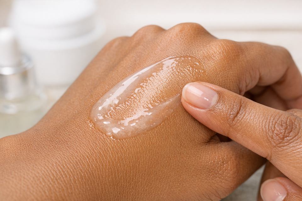 Close-up of a lightweight serum texture being tested on the back of an Indian woman’s hand