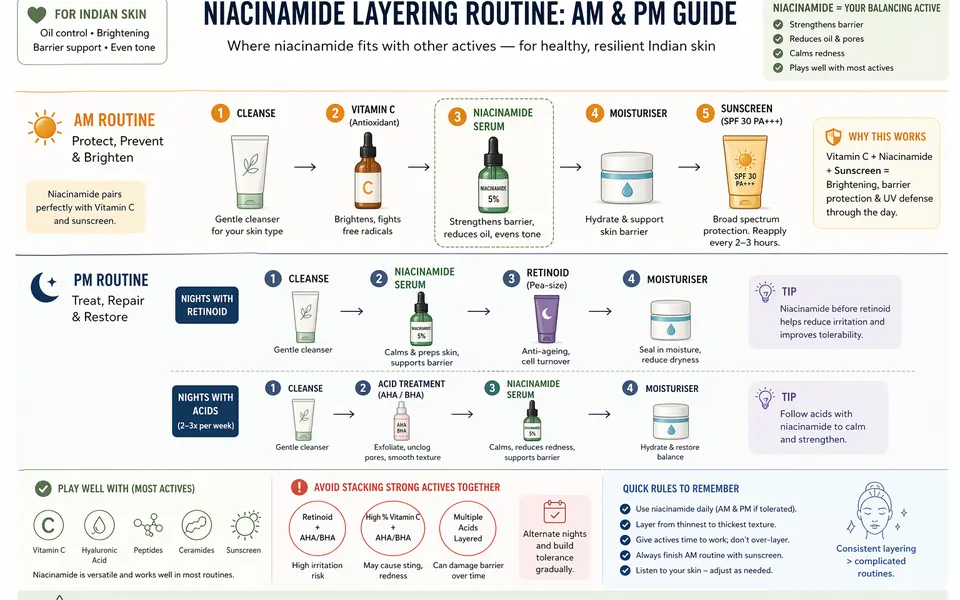 Diagram of simple AM and PM skincare routines for Indian skin, showing where a niacinamide serum fits alongside cleanser, vitamin C, acids, retinoids and sunscreen.