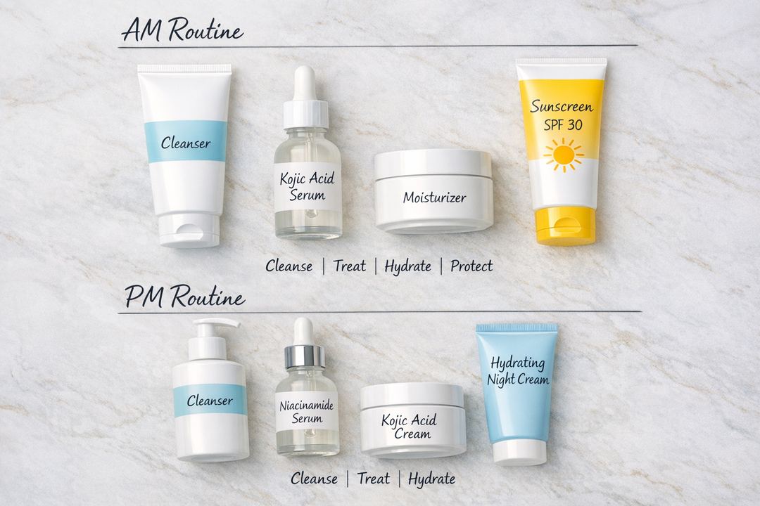 Flatlay of simple AM and PM skincare products arranged as a routine for combination skin with pigmentation