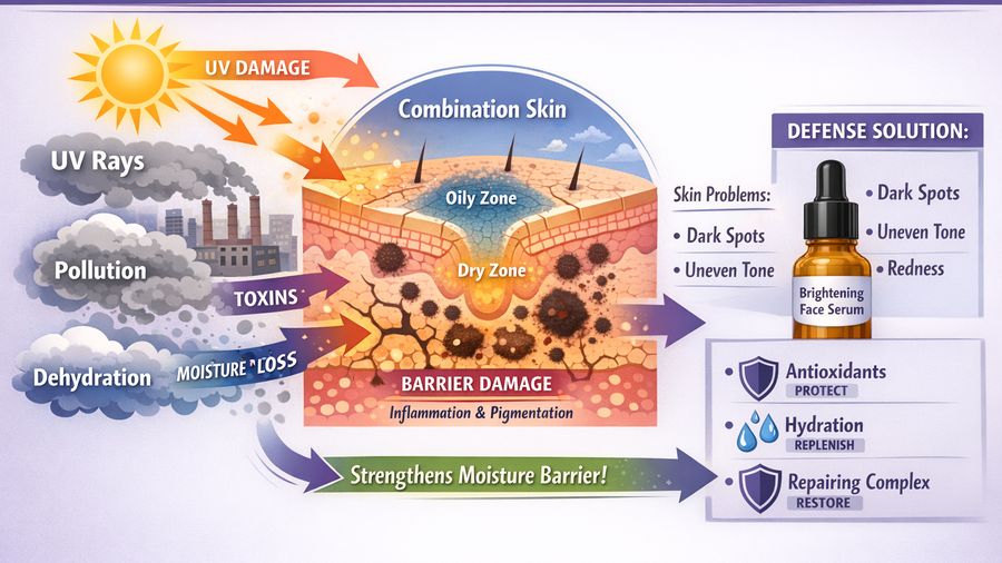 Best face serum for late 20s plus combination skin plus dark spots in city pollution