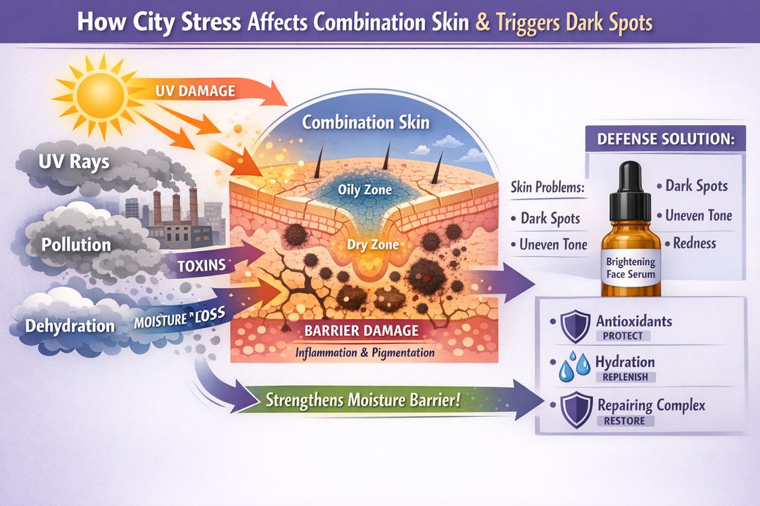 Infographic showing how UV, pollution and dehydration interact on combination skin to cause dark spots and how a barrier-supporting serum helps.