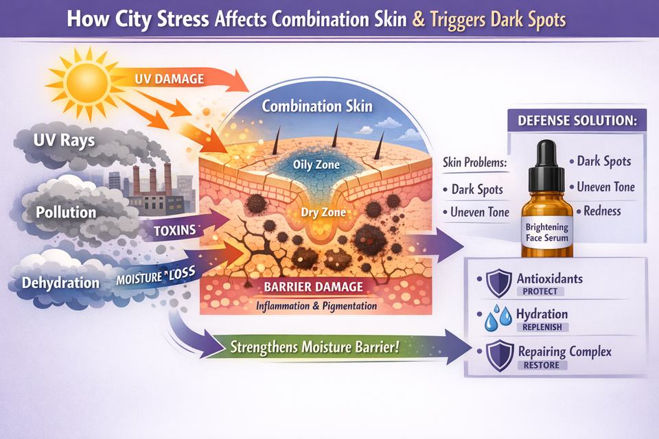 Infographic showing how UV, pollution and dehydration interact on combination skin to cause dark spots and how a barrier-supporting serum helps.